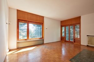 Old room, living room interior in old house with garden
