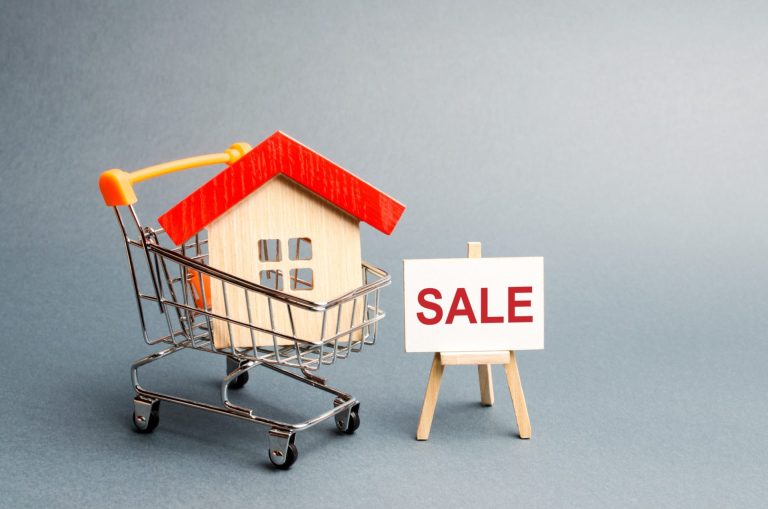 Supermarket Cart With Houses And A Sale Poster