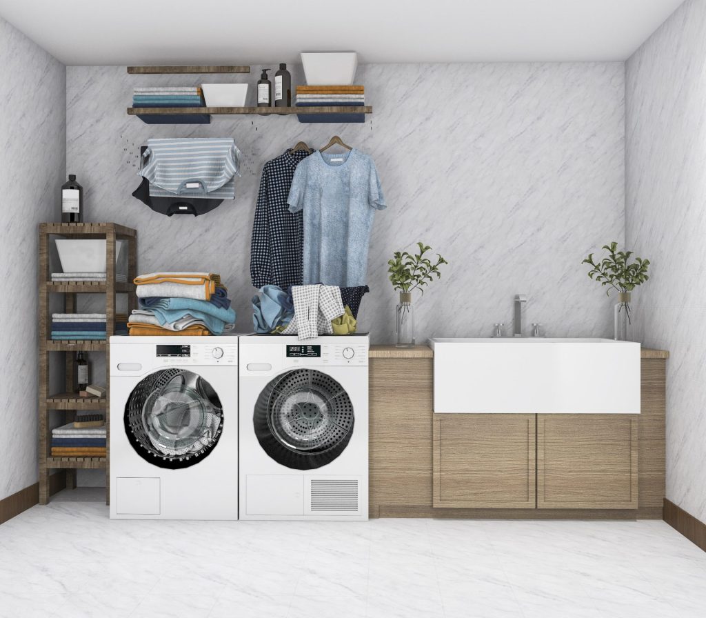 3D Rendering Washing Machine In Vintage Laundry Room